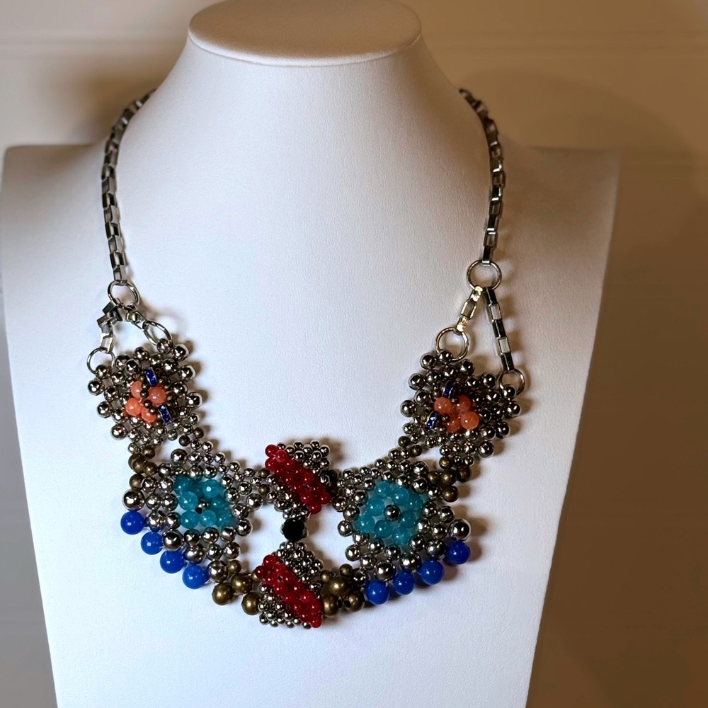 Pam Hiran Beaded Statement‎ Necklace Bib Silver Blue Red Orange Colorful